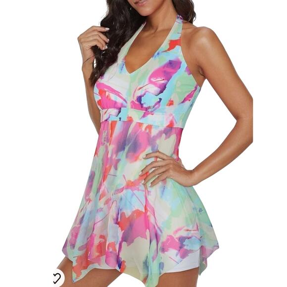 American Trends Colorful Tummy Control Slimming Swim Dress One Piece with Shorts - Picture 3 of 14